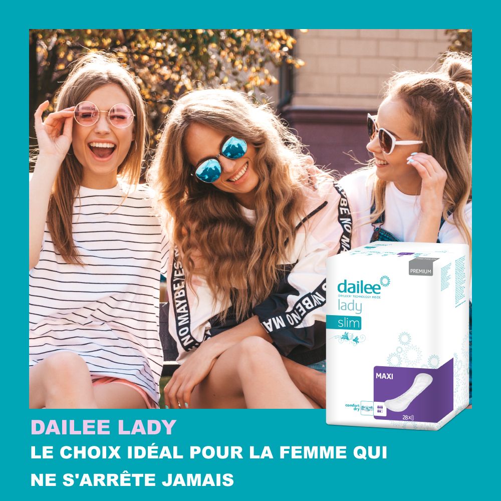 Trois femmes assises. Paquet Dailee Lady Maxi. Texte: Dailee Lady, Le choix idéal pour la femme qui ne s'arrête jamais.