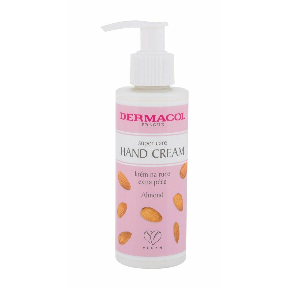 Crèmefles met roze etiket. Opschrift: Dermacol, Hand Cream, Almond. Vegan logo en amandelen afgebeeld.