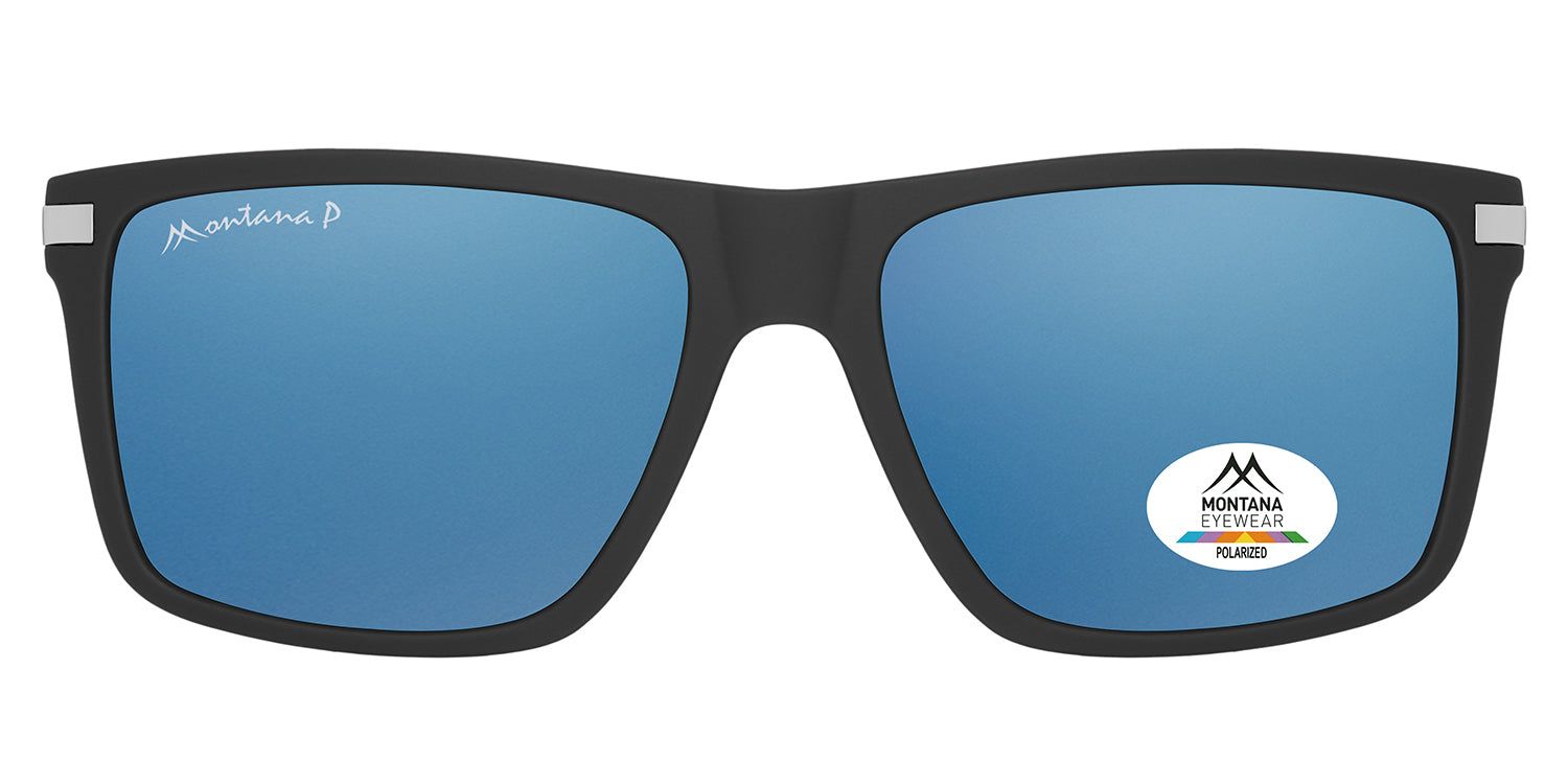 Lunettes de soleil noires à verres bleus. Logo Montana Eyewear et autocollant Polarized. Forme rectangulaire.