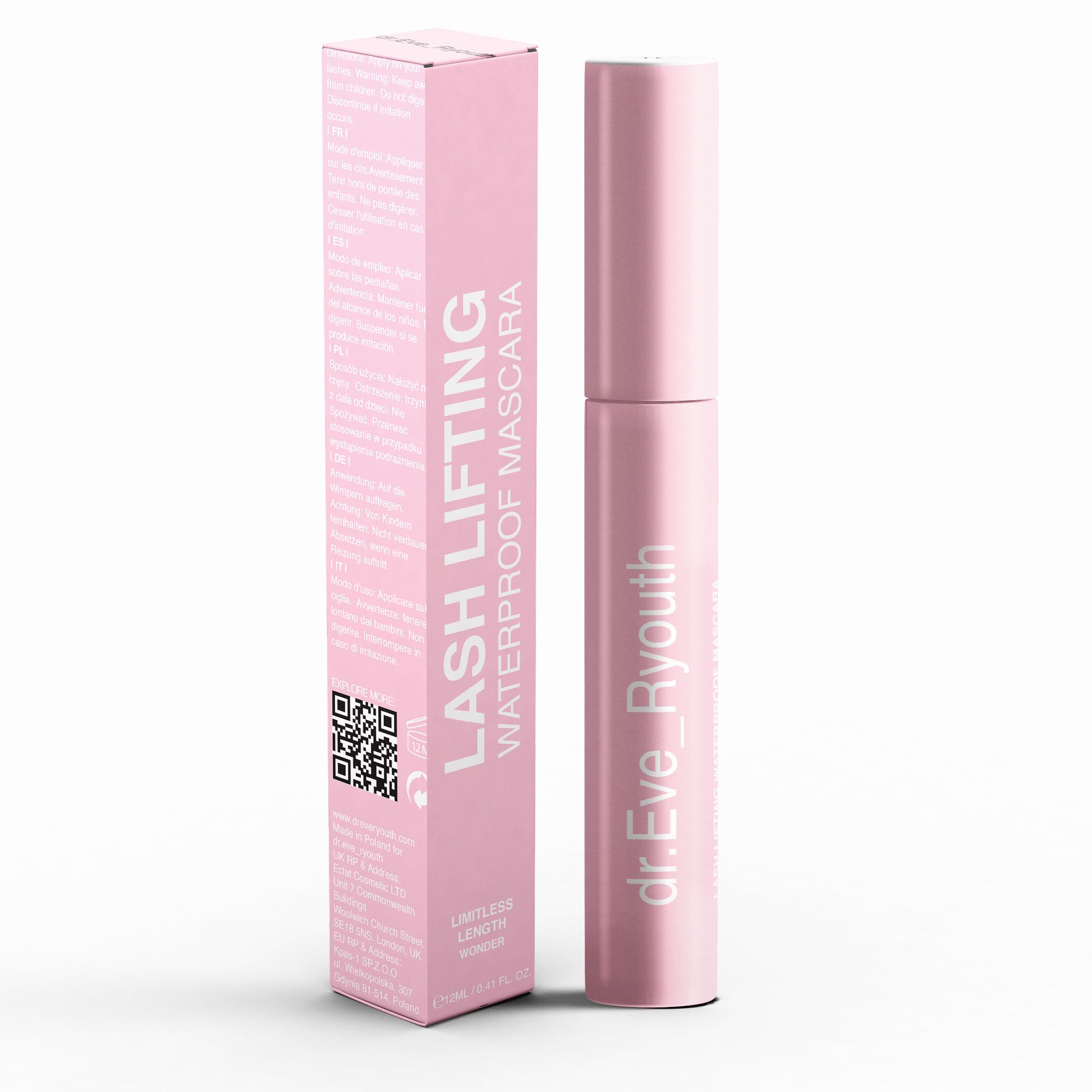 Roze mascara verpakking en fles met de tekst 'Lash Lifting Waterproof Mascara'.