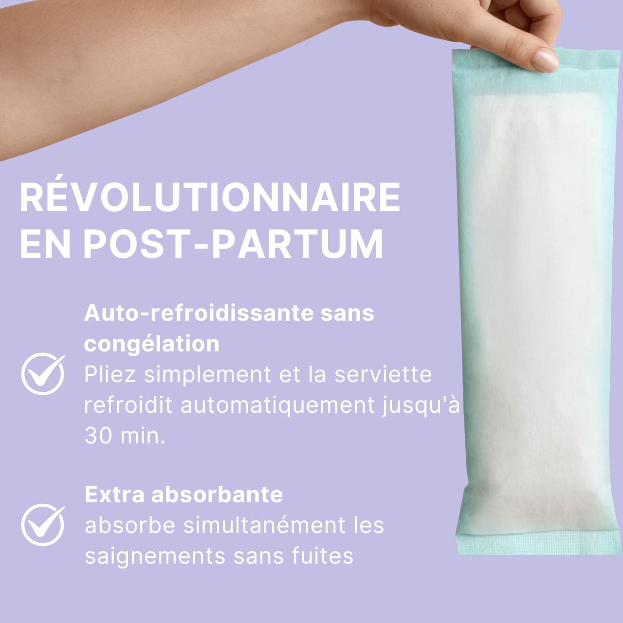 Description française de la serviette rafraîchissante MyClarella : Auto-rafraîchissante, extra absorbante.