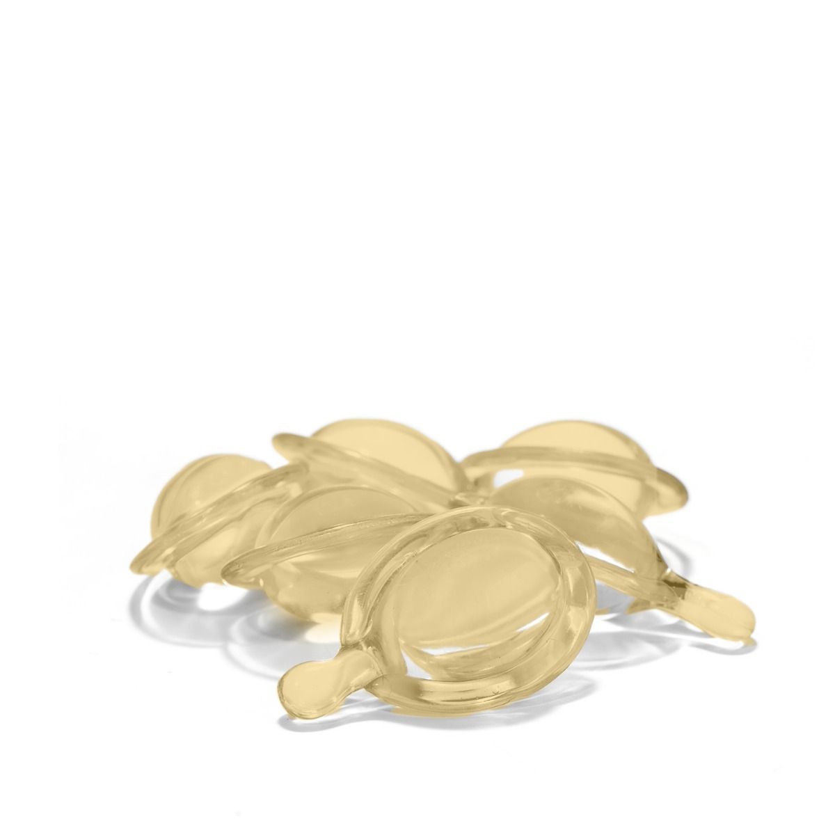 Meerdere gele, ovale capsules met een kleine, druppelvormige aanzet. Op witte achtergrond.