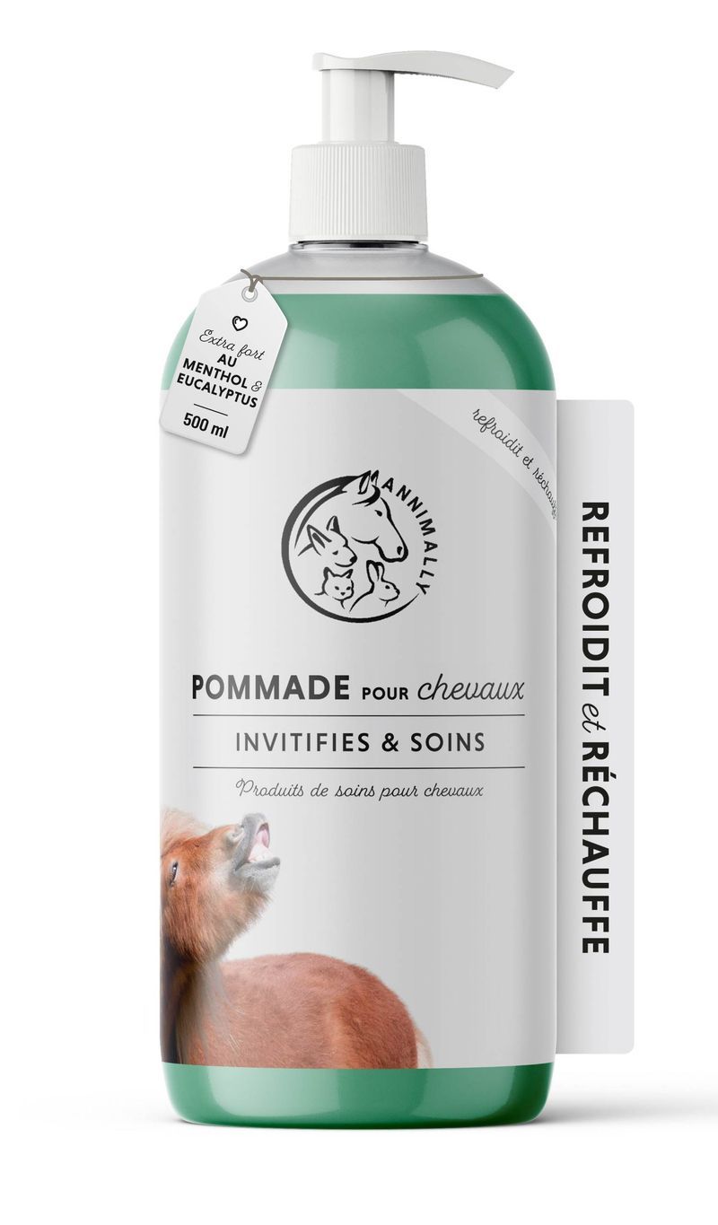 Flacon vert avec pompe. Texte: Pommade pour chevaux. 500 ml. Logo.