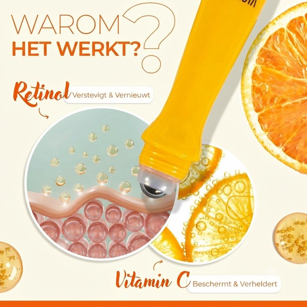 Gele roll-on applicator met retinol en vitamine C. Toont huidlagen en sinaasappelschijfjes.