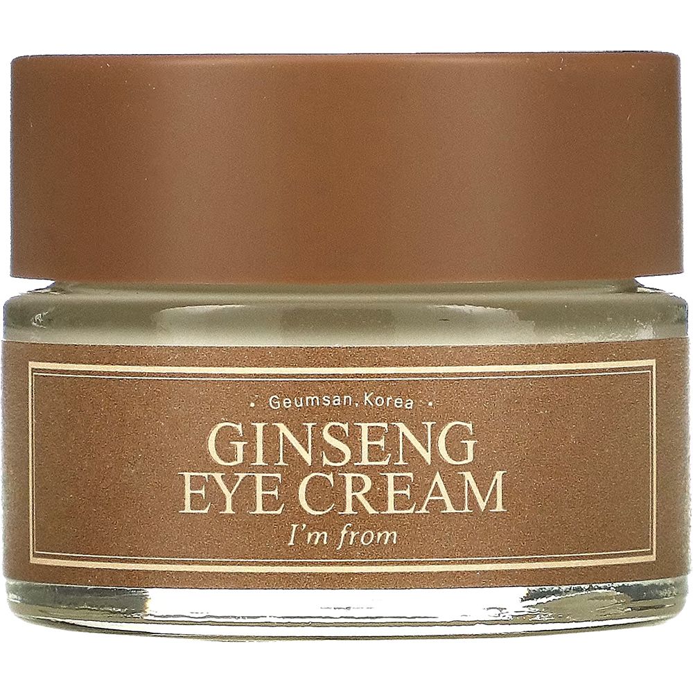 Pot de crème pour les yeux avec couvercle et étiquette marron. Texte : Ginseng Eye Cream, I'm from.