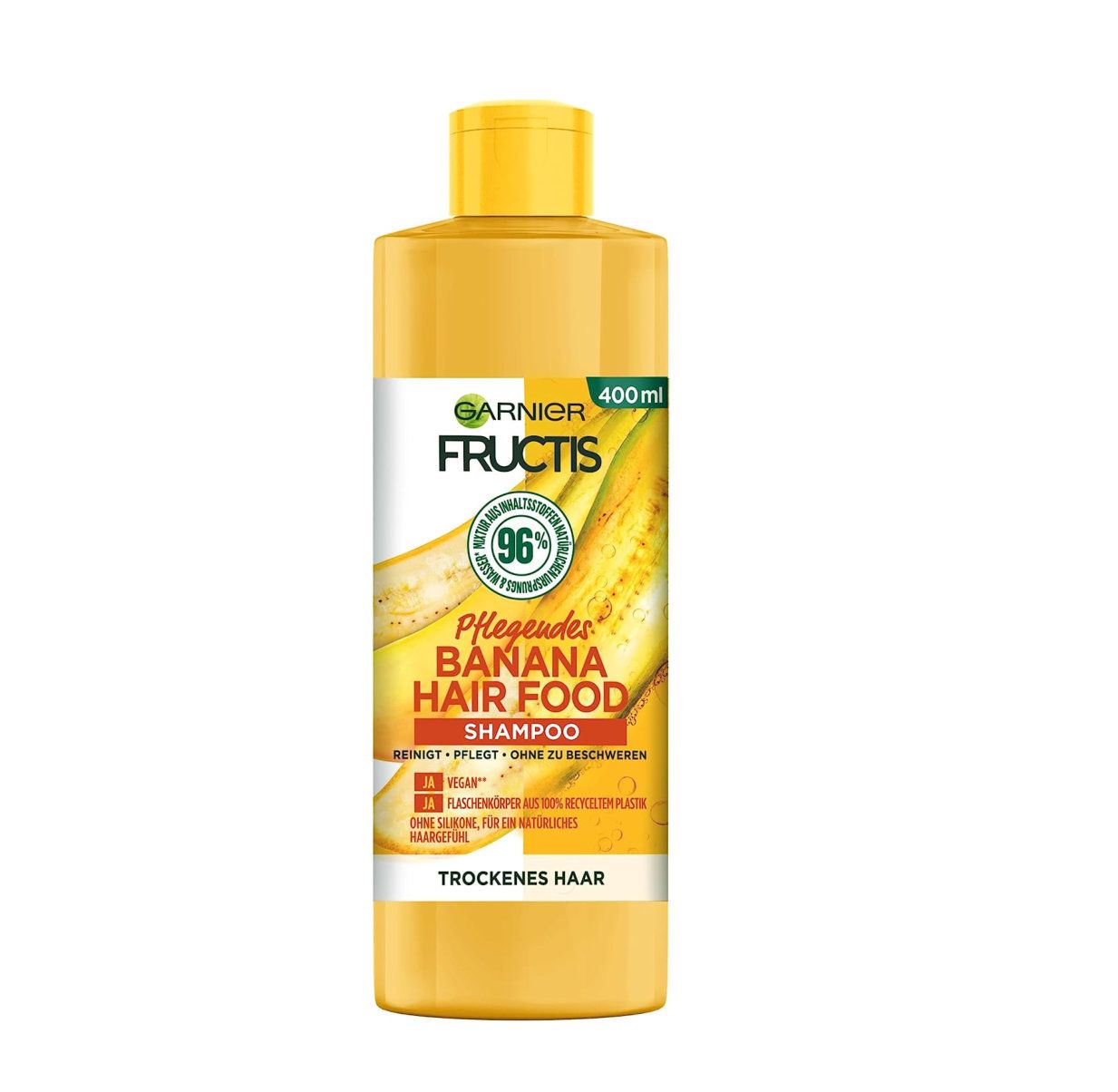 Gele shampoo fles met gele dop. Opschrift: Garnier Fructis, Banana Hair Food, voor droog haar. Banaan illustratie.