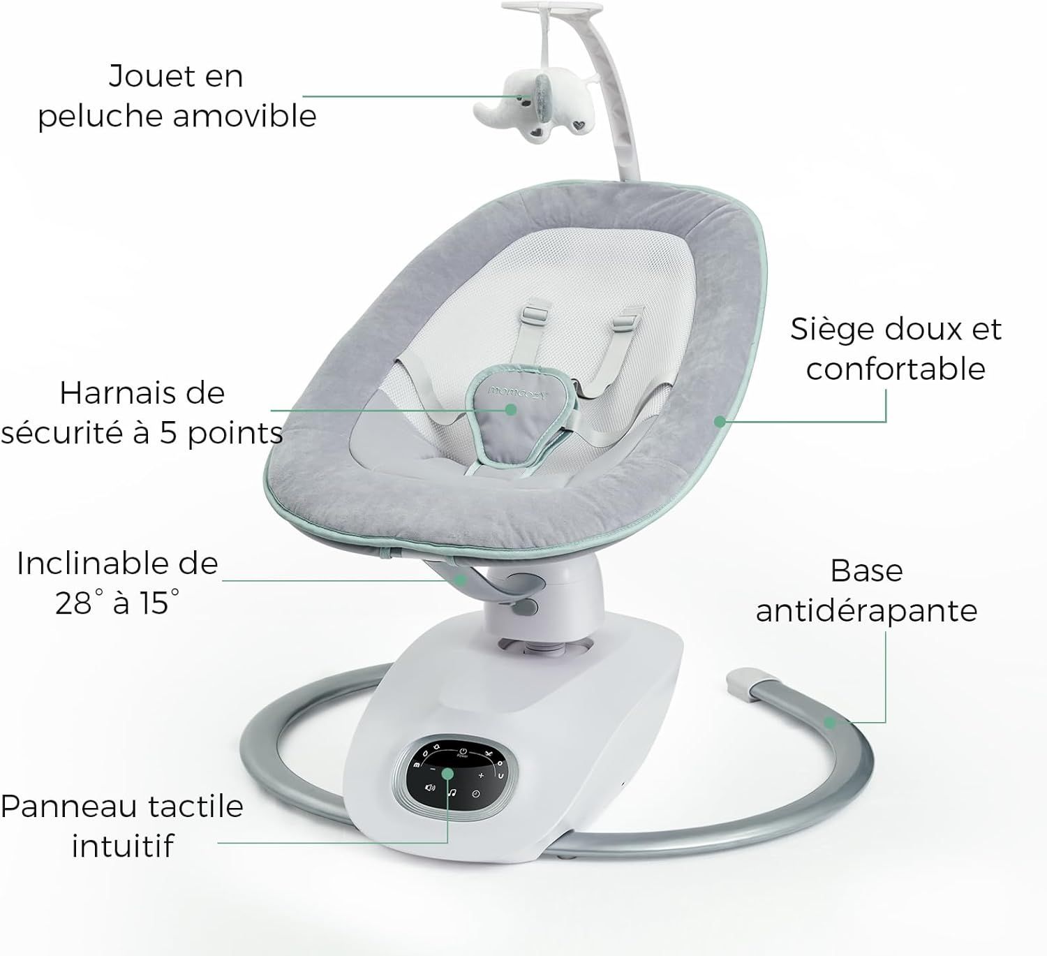 Balançoire pour bébé avec harnais 5 points, inclinaison réglable, jouet amovible et panneau tactile.