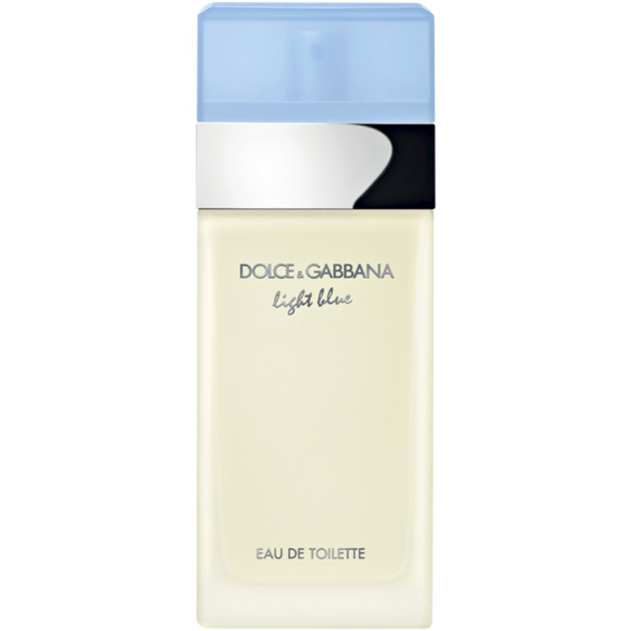Dolce & Gabbana Light Blue E.d.T. Nat. Spray. Flacon bleu clair avec bouchon bleu clair et bande argentée. Gros plan.