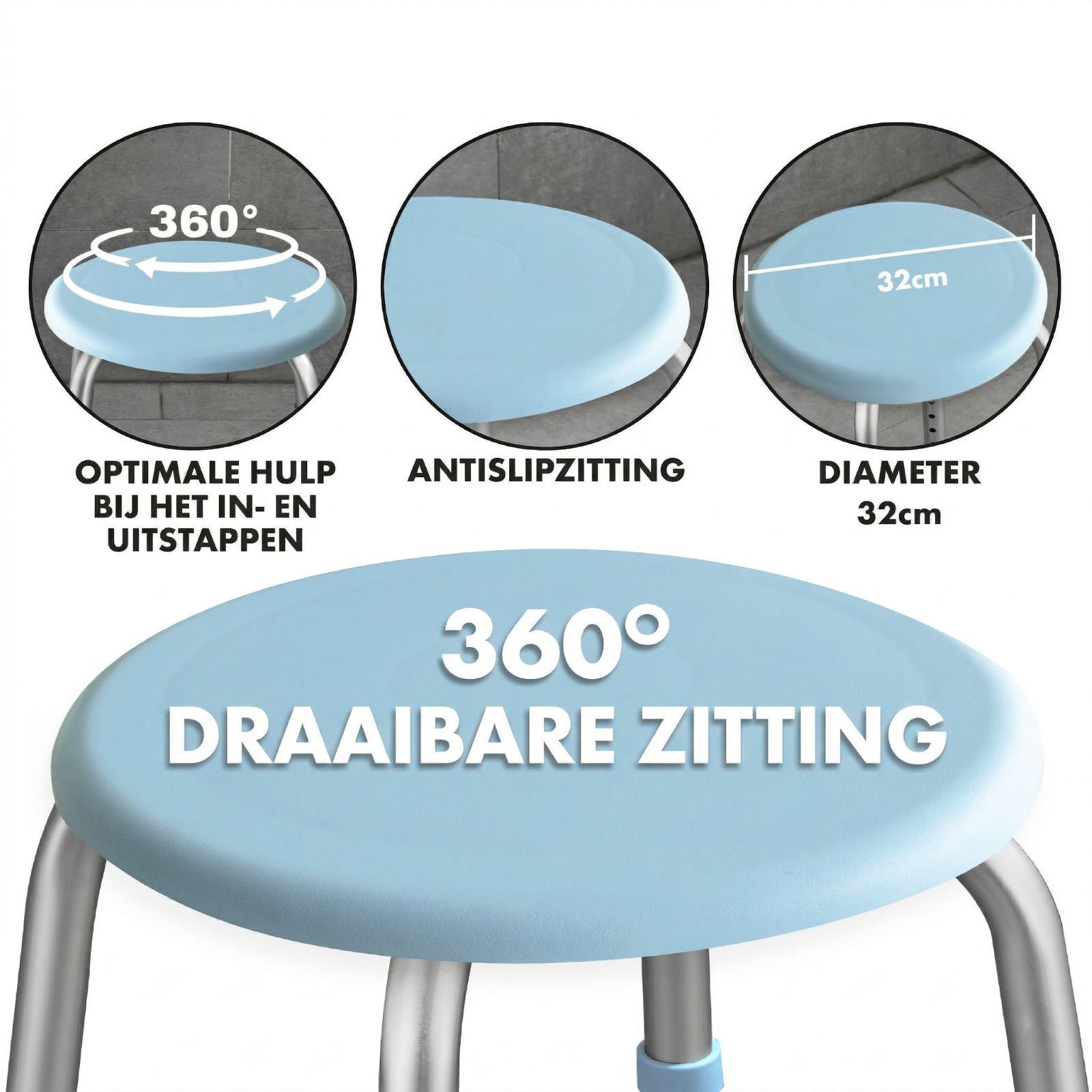 Douchekruk met draaibare zitting. Diameter 32cm. Antislip zitting. 360° draaibaar.