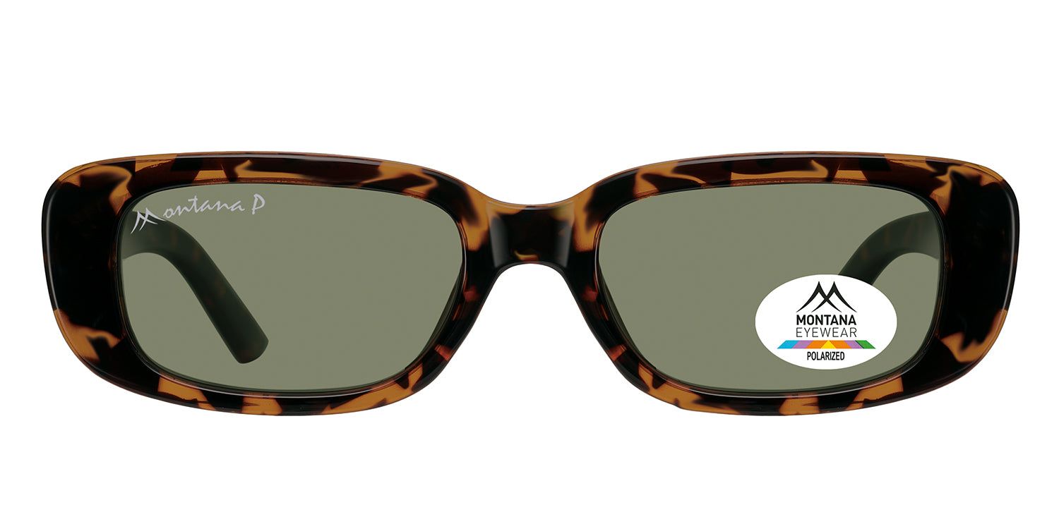 Lunettes de soleil Romazzino, monture écaille de tortue marron. Verres rectangulaires verts. Logo Montana Eyewear et autocollant Polarized.