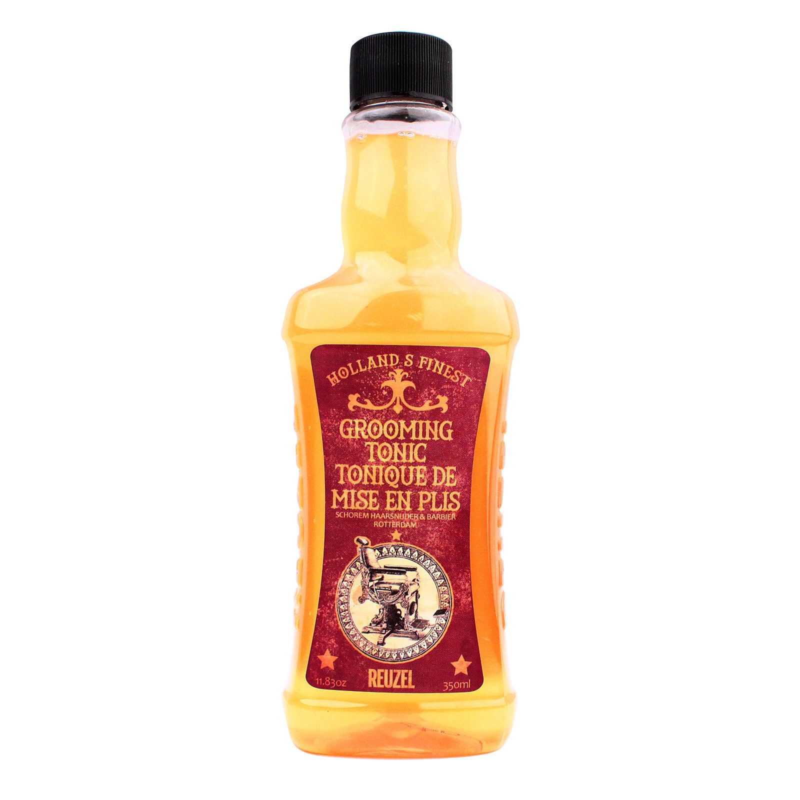 Bouteille de Reuzel Grooming Tonic avec étiquette montrant un fauteuil de barbier et des étoiles.