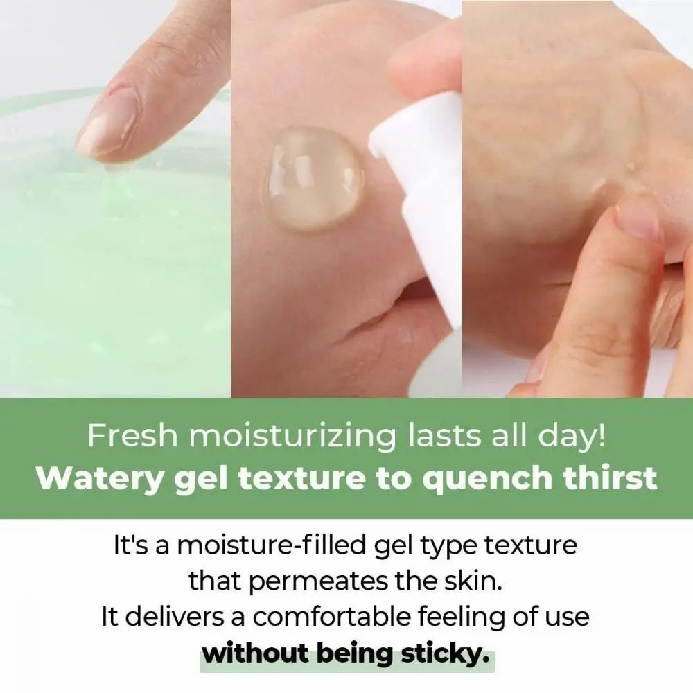 Close-ups van huid met serum. Tekst: Fresh moisturizing lasts all day! Watery gel texture to quench thirst. It's a moisture-filled gel type texture.