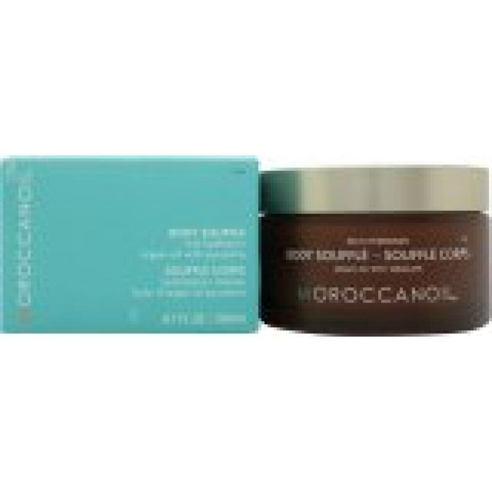 Bruine pot met gouden deksel en turquoise doos. Opschrift: Body Soufflé. Merk: Moroccanoil.