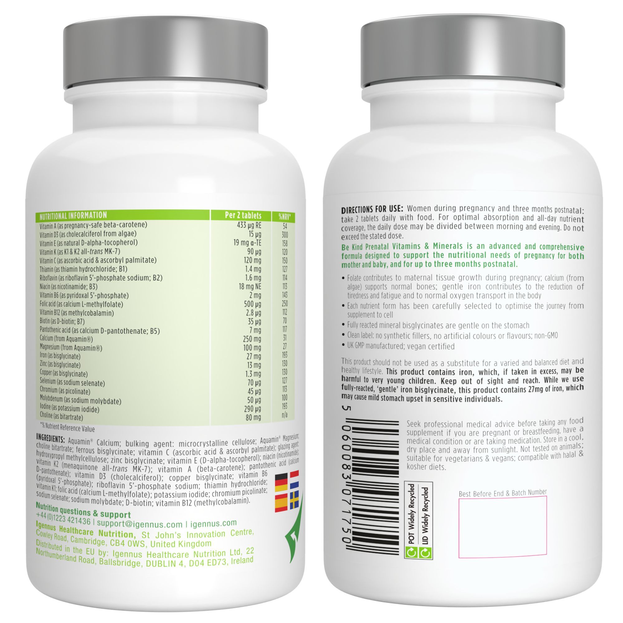 Avant et arrière d'une bouteille de vitamines et minéraux prénatals Igennus Be Kind.