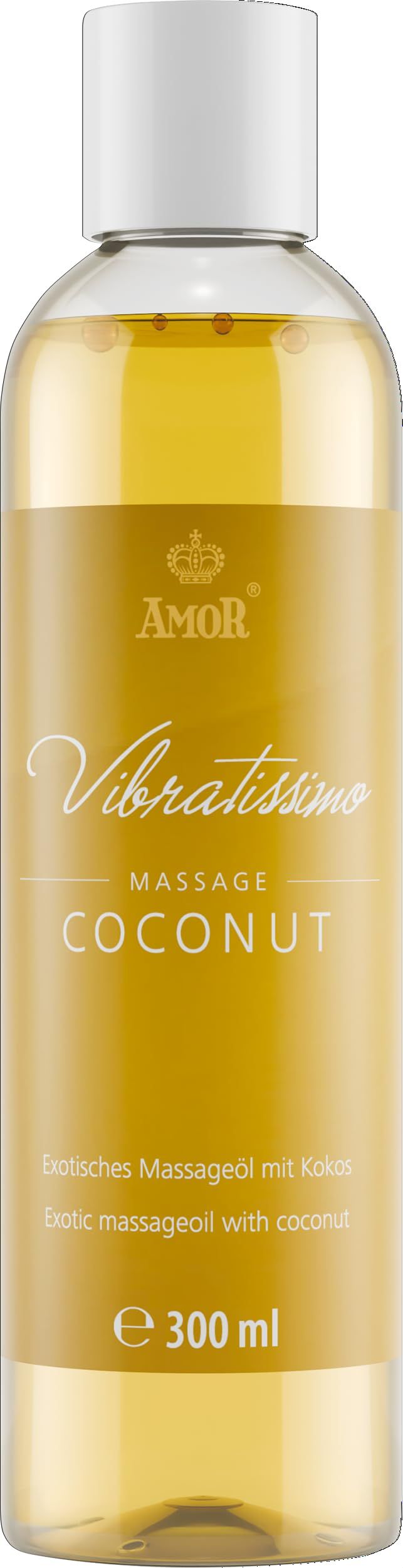 Huile de massage Vibratissimo Coconut, 300 ml. Huile jaune dans une bouteille transparente avec bouchon blanc.