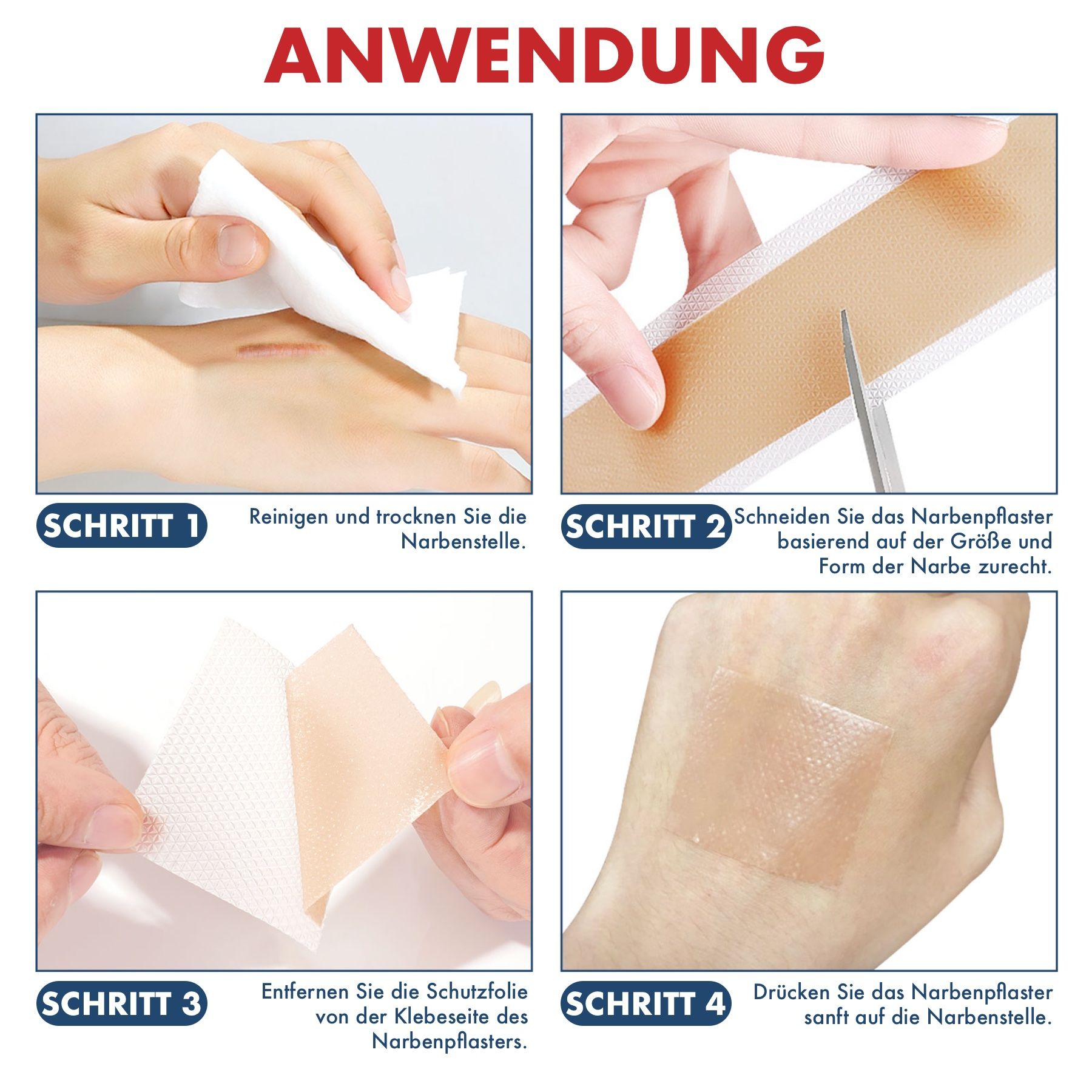 Toepassingsstappen: reinig litteken, knip pleister, verwijder beschermfolie, breng pleister aan.