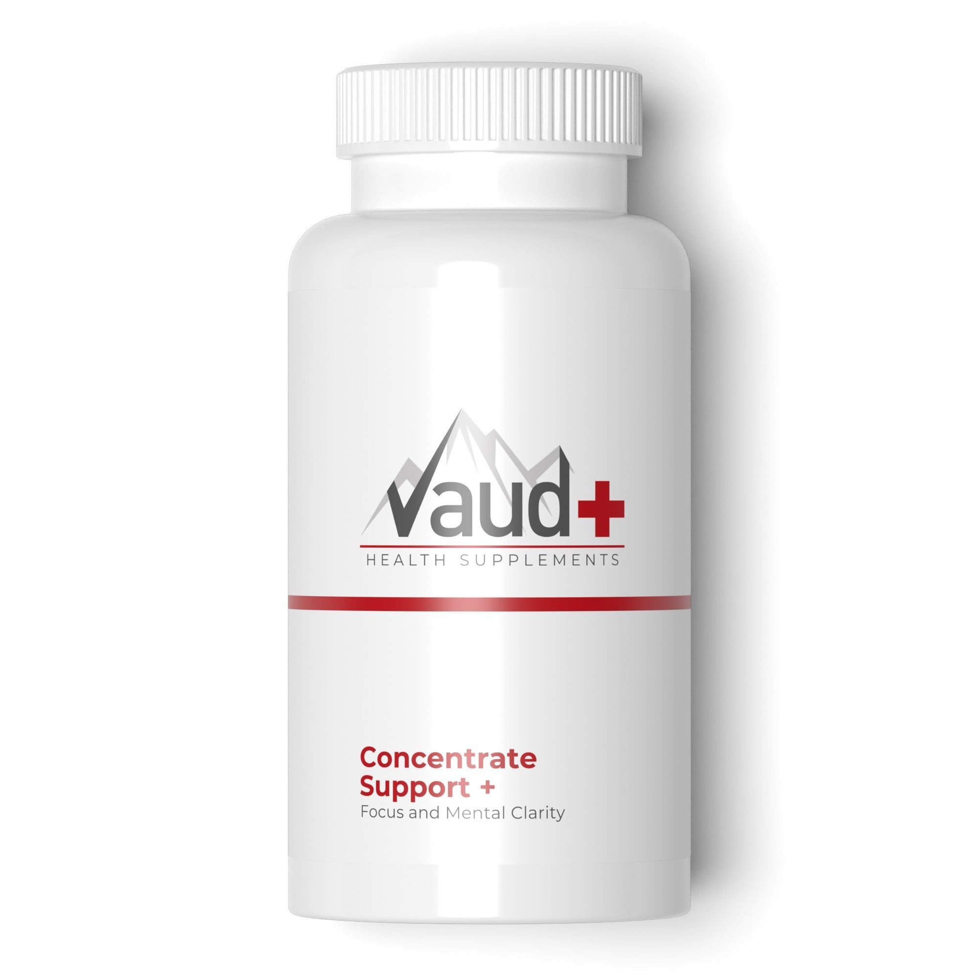 Flacon blanc avec logo Vaud+ Health Supplements. Inscription : Concentrate Support + Focus and Mental Clarity.
