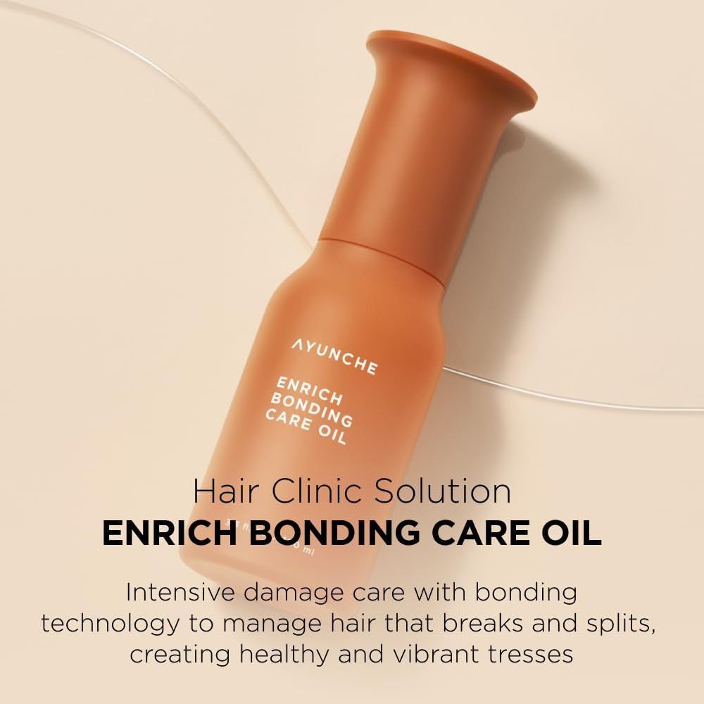 Fles AYUNCHE Enrich Bonding Care Oil met tekst over Hair Clinic Solution.