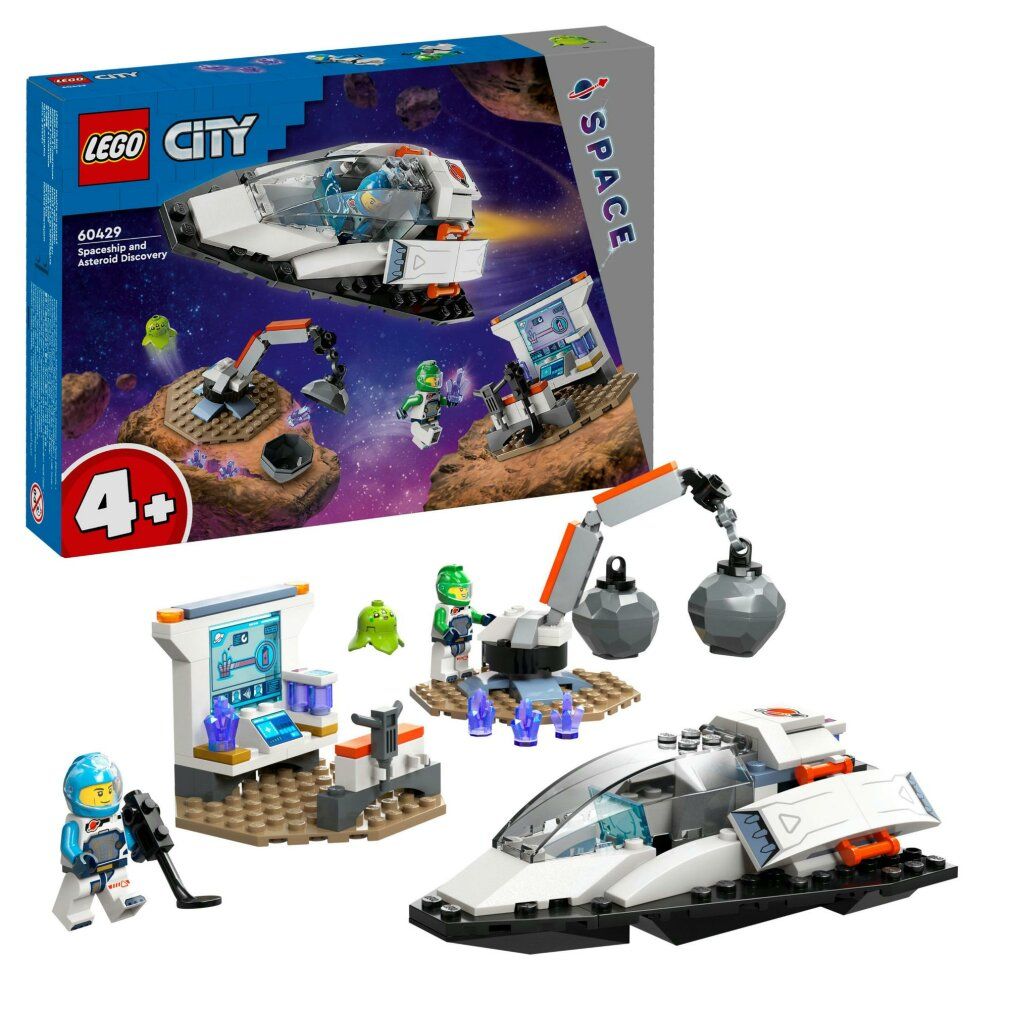 LEGO City set. Ruimteschip, robots, figuren en accessoires. Verpakking met ruimteschip illustratie. Aanbevolen leeftijd 4+.
