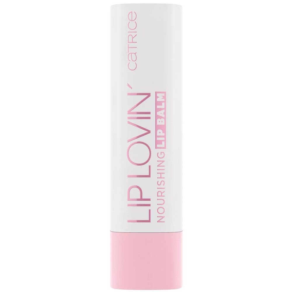 Bâton de baume à lèvres blanc avec base rose. Inscription : LIP LOVIN' NOURISHING LIP BALM et CATRICE.