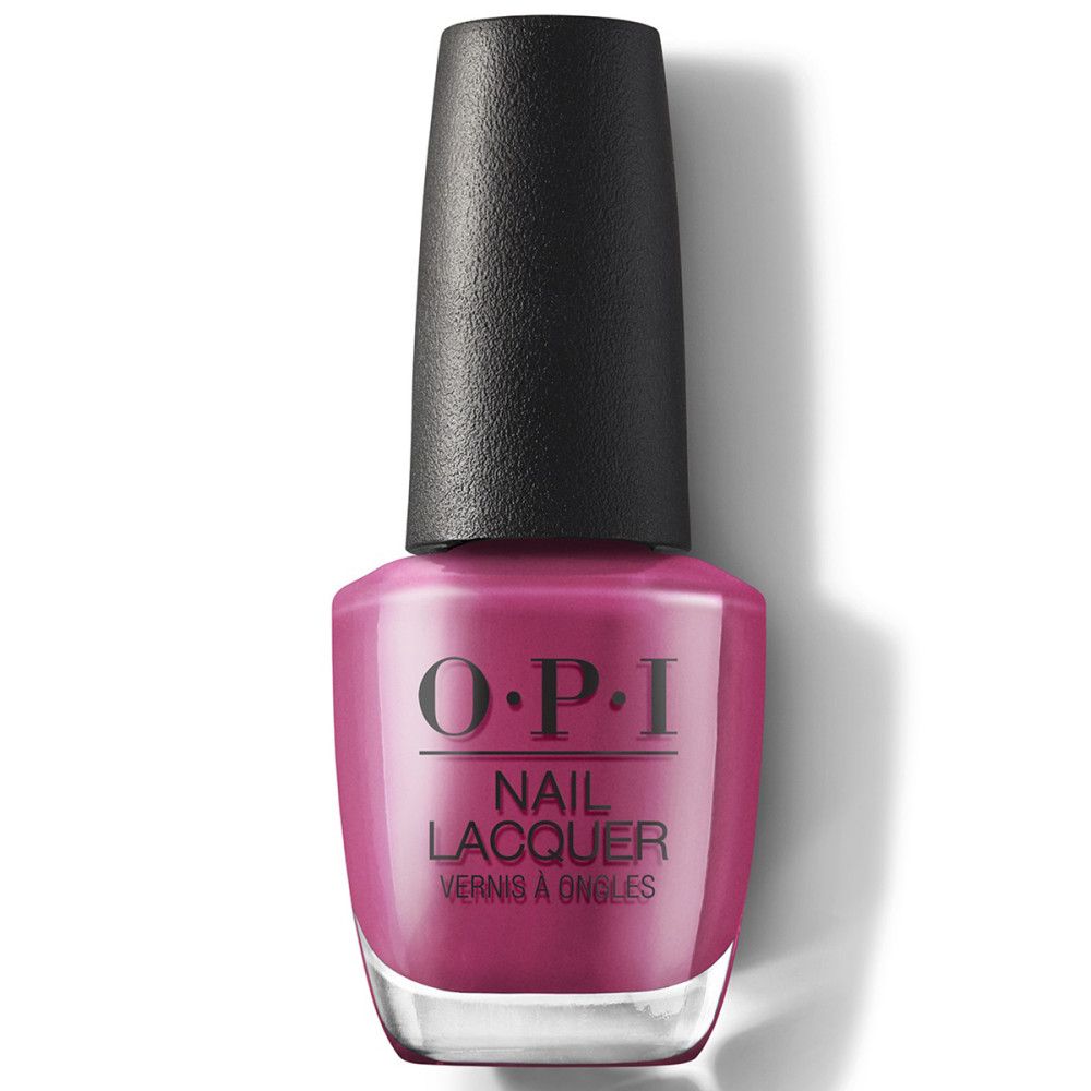 OPI nagellakfles, roze kleur, zwarte dop. Opschrift: OPI, Nail Lacquer, Vernis à Ongles.