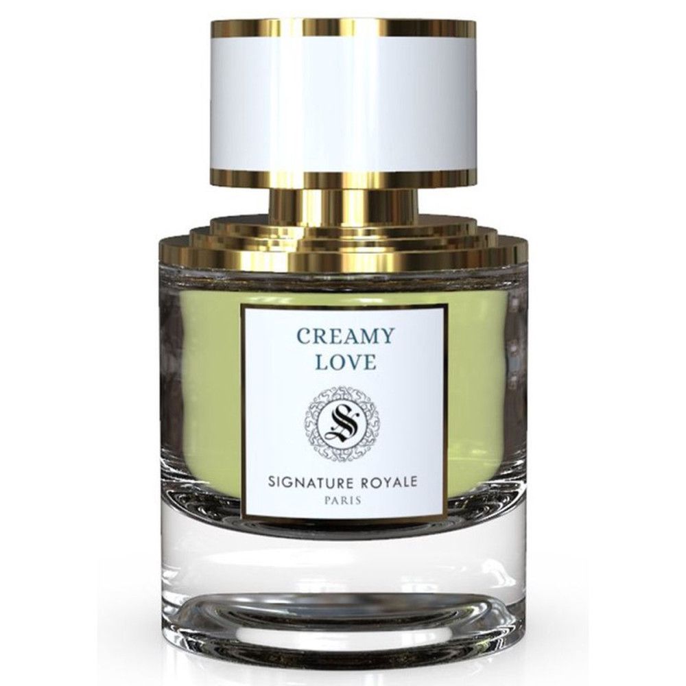Parfumextract Creamy Love. Glazen fles met gouden dop en witte kap. Label met logo en tekst.