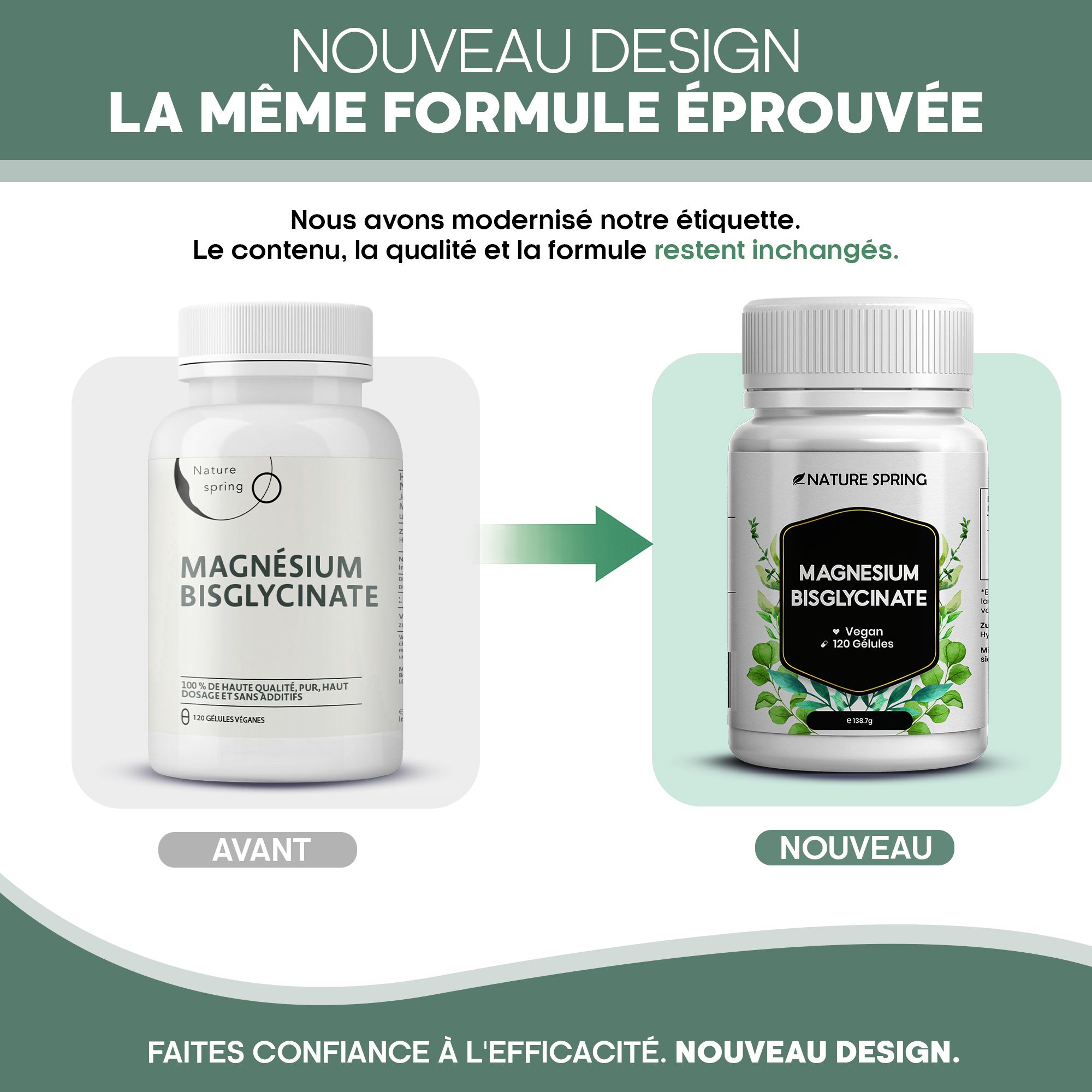 Comparaison : anciens et nouveaux designs d'étiquettes pour capsules de Magnésium Bisglycinate.
