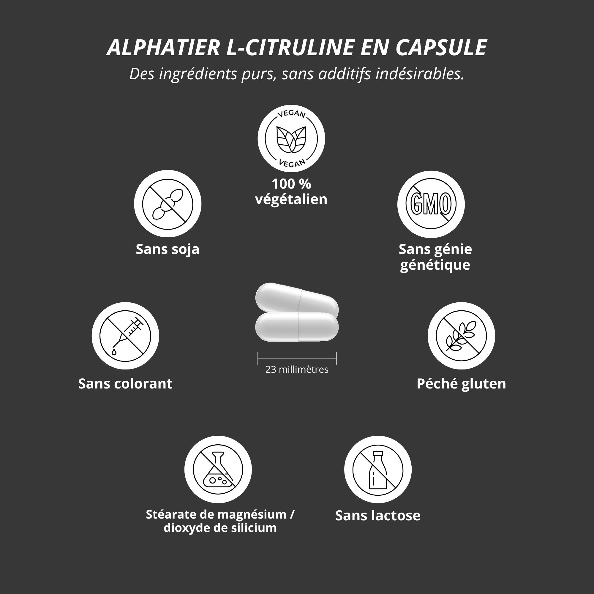 Graphique avec gélules et icônes. 100% végétalien, sans soja, sans colorant, sans stéarate de magnésium, sans lactose, sans OGM, sans gluten.