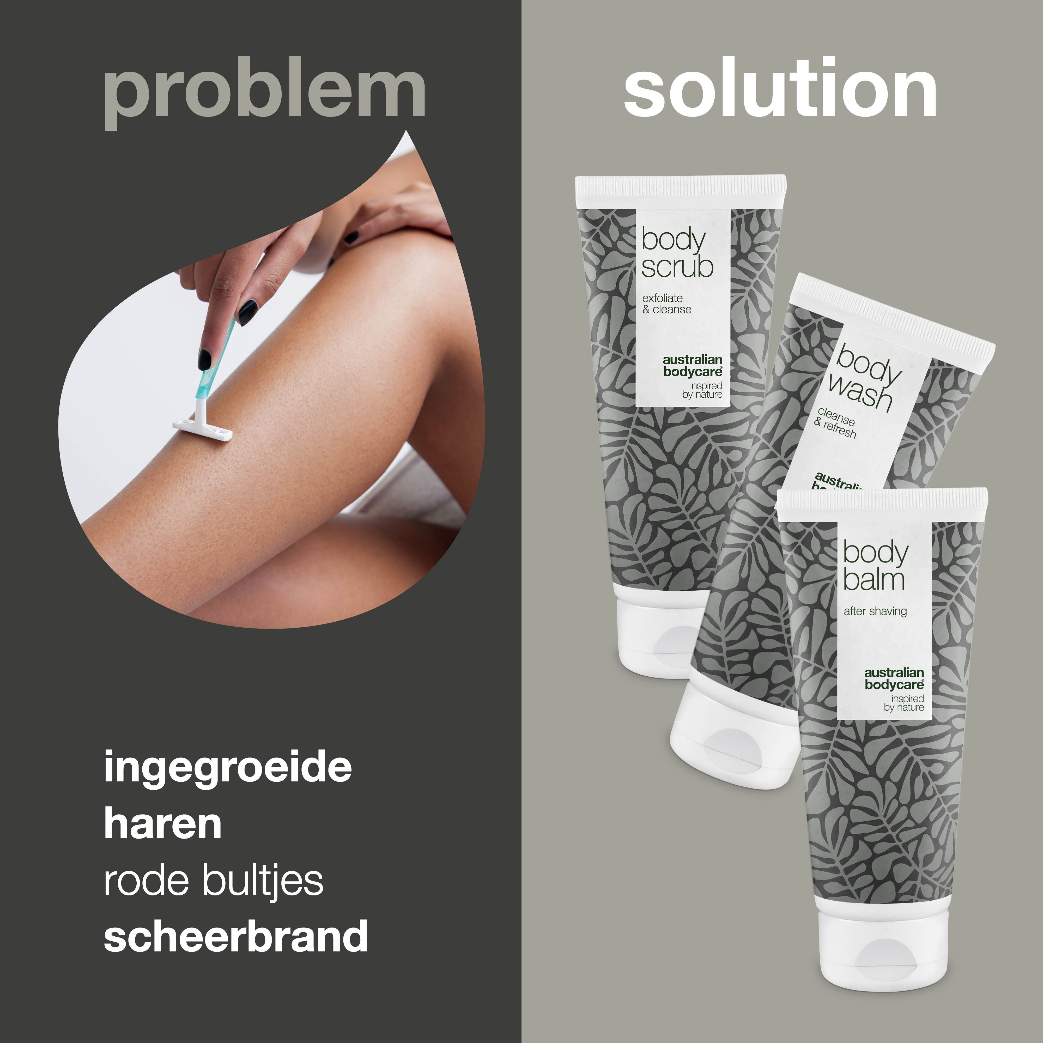 Collage met personen en producten. Producten: Body Balm, olie. Merk: Australian Bodycare. Achtergrond: groen.