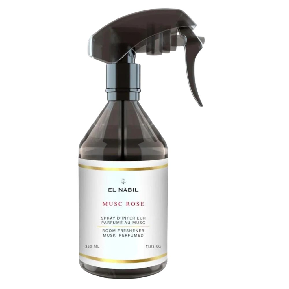 Flacon pulvérisateur noir. Étiquette avec "EL NABIL", "MUSC ROSE", "ROOM FRESHENER". Contenance : 350 ml.