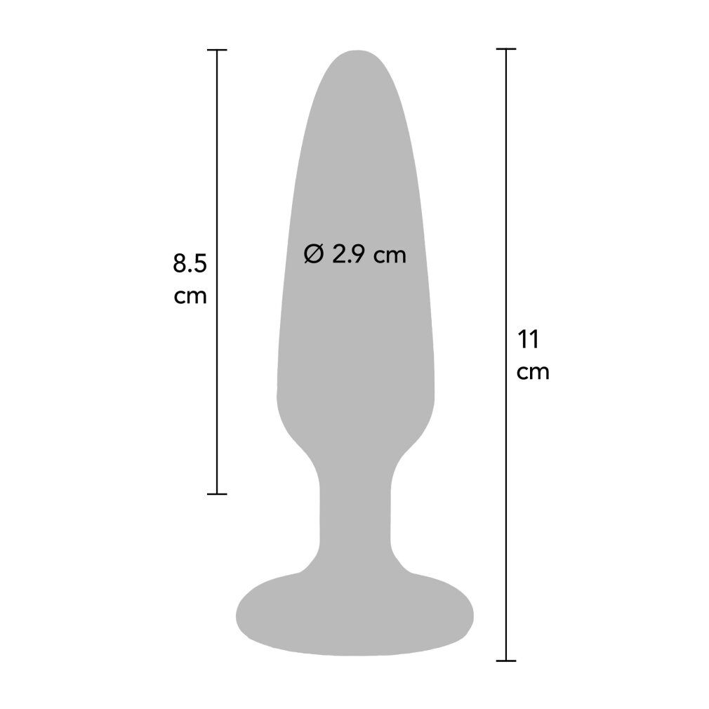 Schema van een anale plug met afmetingen: lengte 11 cm, inbrenglengte 8,5 cm, diameter 2,9 cm.