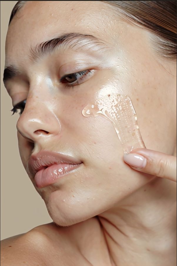 Personne appliquant sérum transparent sur la peau. Visage en focus.