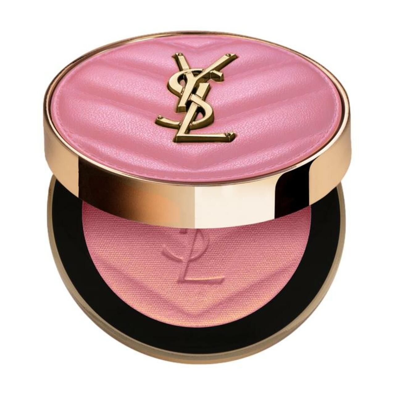 Fard à joues compact rose avec bord doré. Logo YSL doré sur le couvercle. Fard à joues avec logo YSL en relief en dessous.