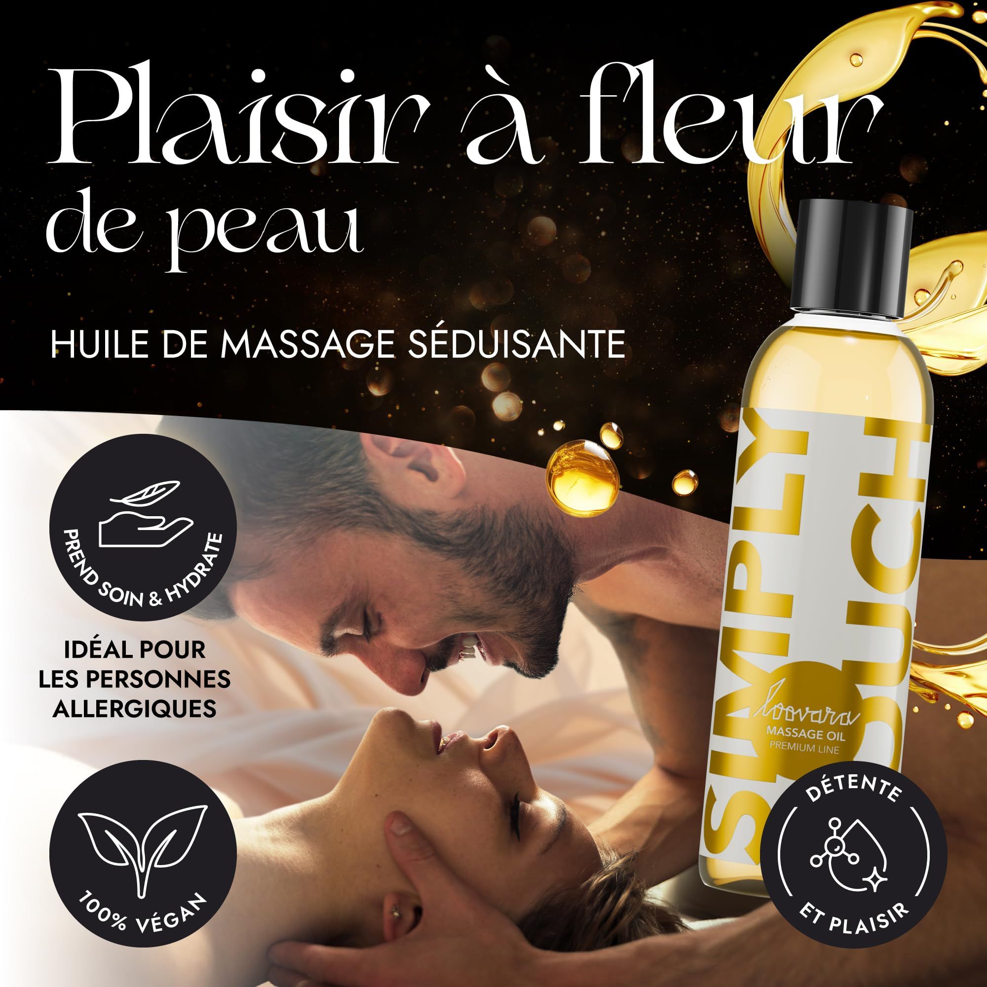 Bouteille d'huile de massage avec étiquette indiquant 'Simply' et 'Soovara'. Un couple à côté.