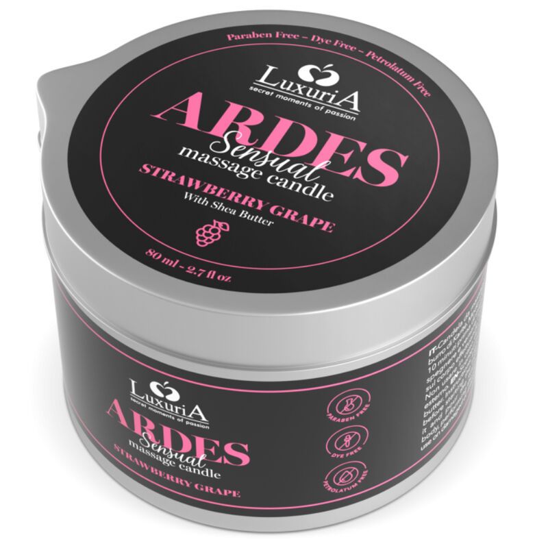 Boîte argentée avec étiquette noire. Inscription: ARDES Sensual massage candle, Fraise-Raisin. Couvercle dessus.