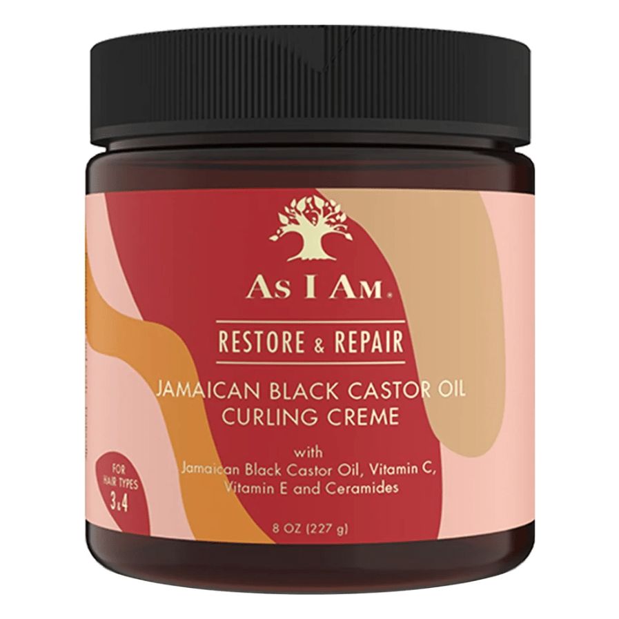 Pot rond avec couvercle noir. Inscription : As I Am, Restore & Repair, Jamaican Black Castor Oil Curling Creme. Pour types de cheveux 3,4.