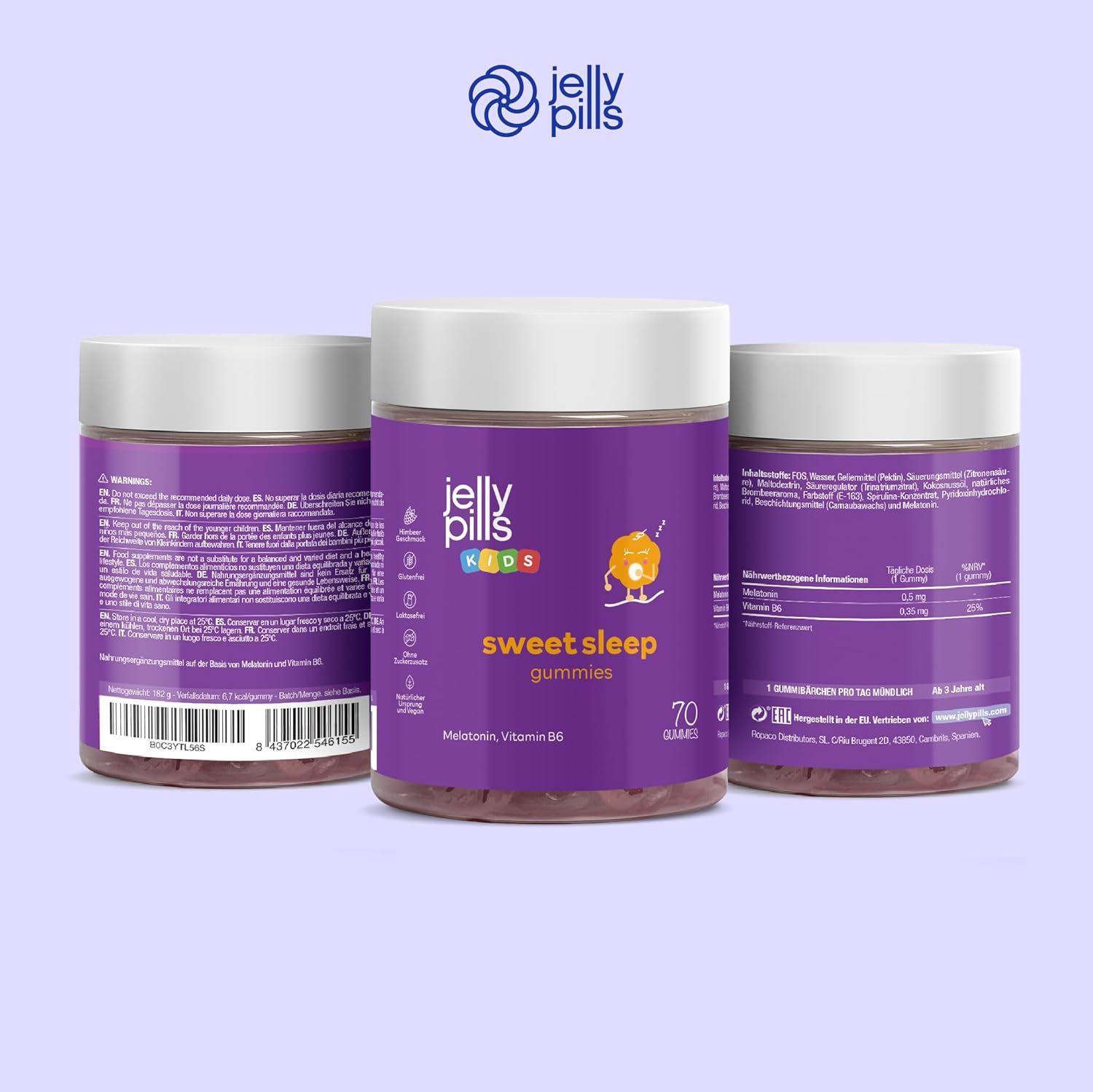 Trois pots de Jelly Pills Sweet Sleep Kinder Gummies avec étiquette violette et couvercle blanc.