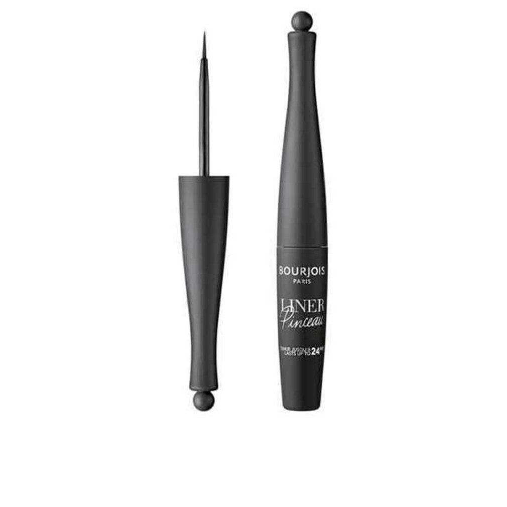Zwarte eyeliner met penseelapplicator. Fles met kogelvormige dop. Opschrift: Bourjois Paris, Liner Pinceau Waterproof 24H.