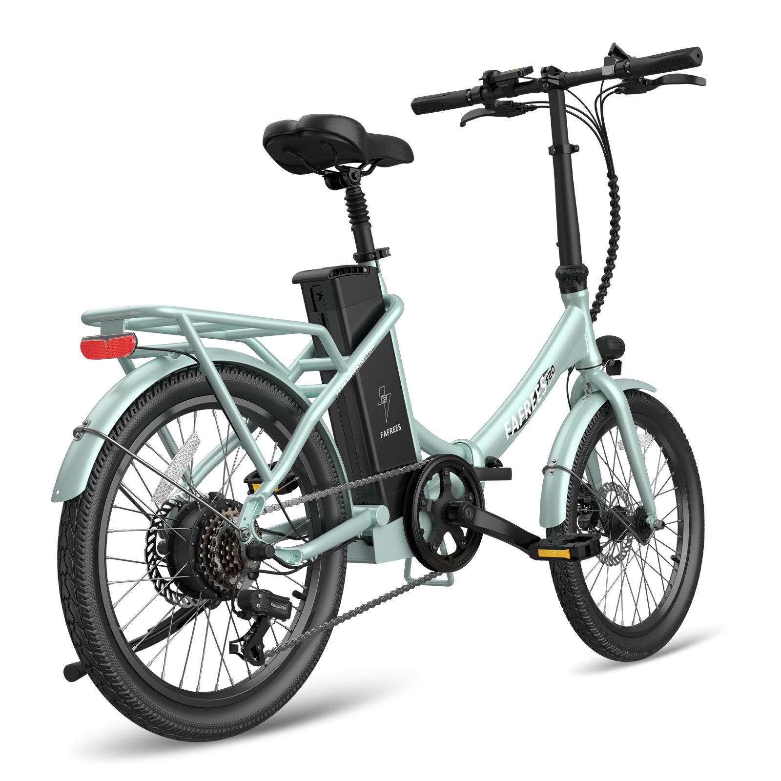 Vélo électrique Fafrees F20 vert clair. Pneus, selle et guidon noirs. Batterie sur le cadre. Porte-bagages arrière.