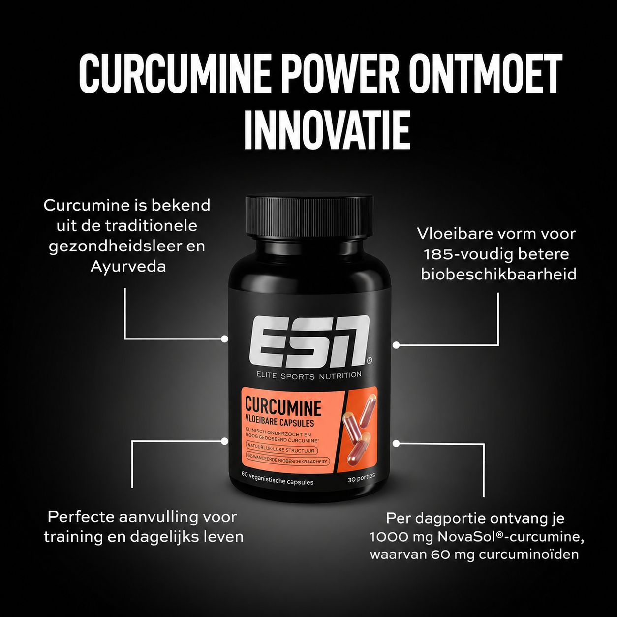 ESN Curcumine capsules: 1000mg curcumine, NovaSol curcumine, 185x betere biologische beschikbaarheid.
