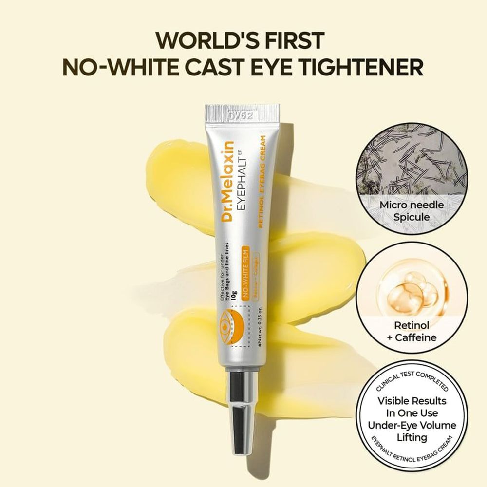Tube de crème contour des yeux Dr. Melaxin Retinol avec infographies sur les ingrédients.