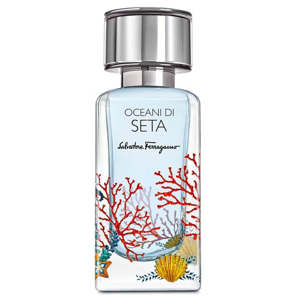 Flacon Salvatore Ferragamo Oceani di Seta Eau de Parfum avec motif corail et coquillage.