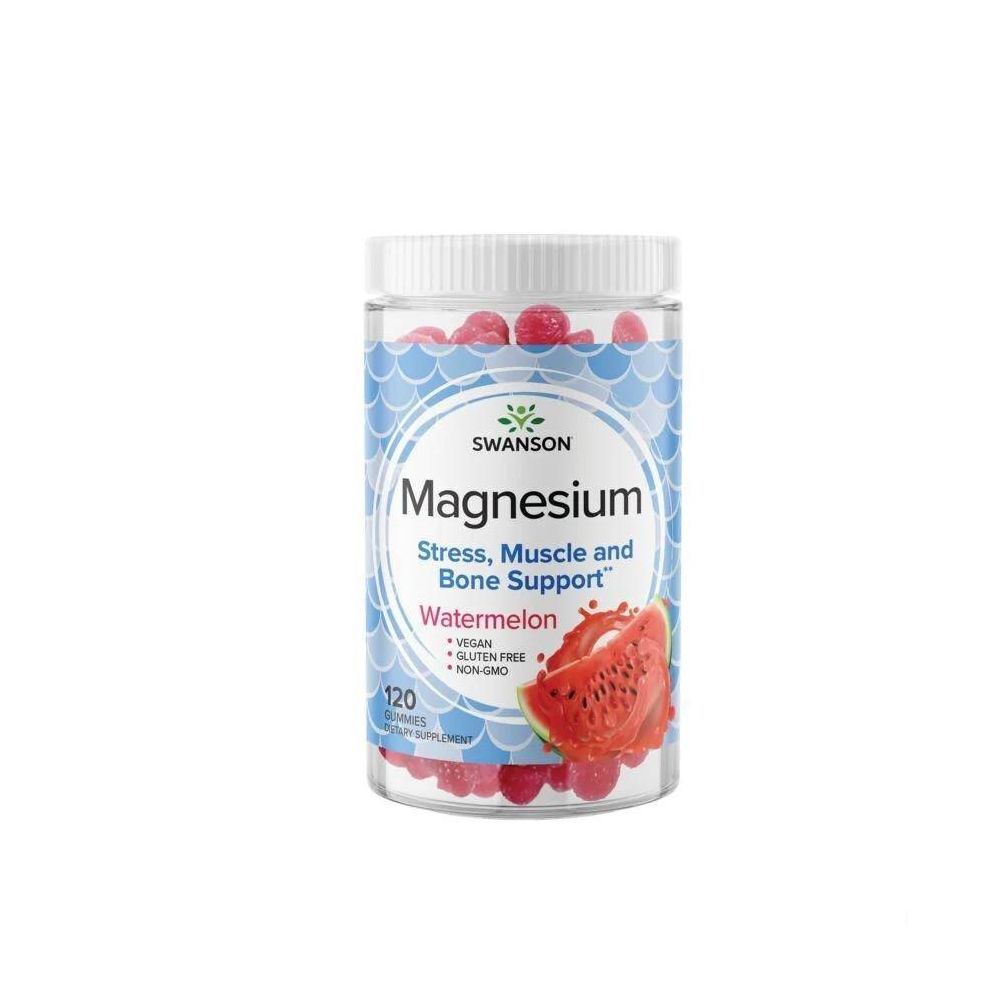 Transparante pot met rode gummies. Opschrift: Swanson Magnesium, Watermeloen, 120 gummies. Vegan, glutenvrij, niet-GMO.