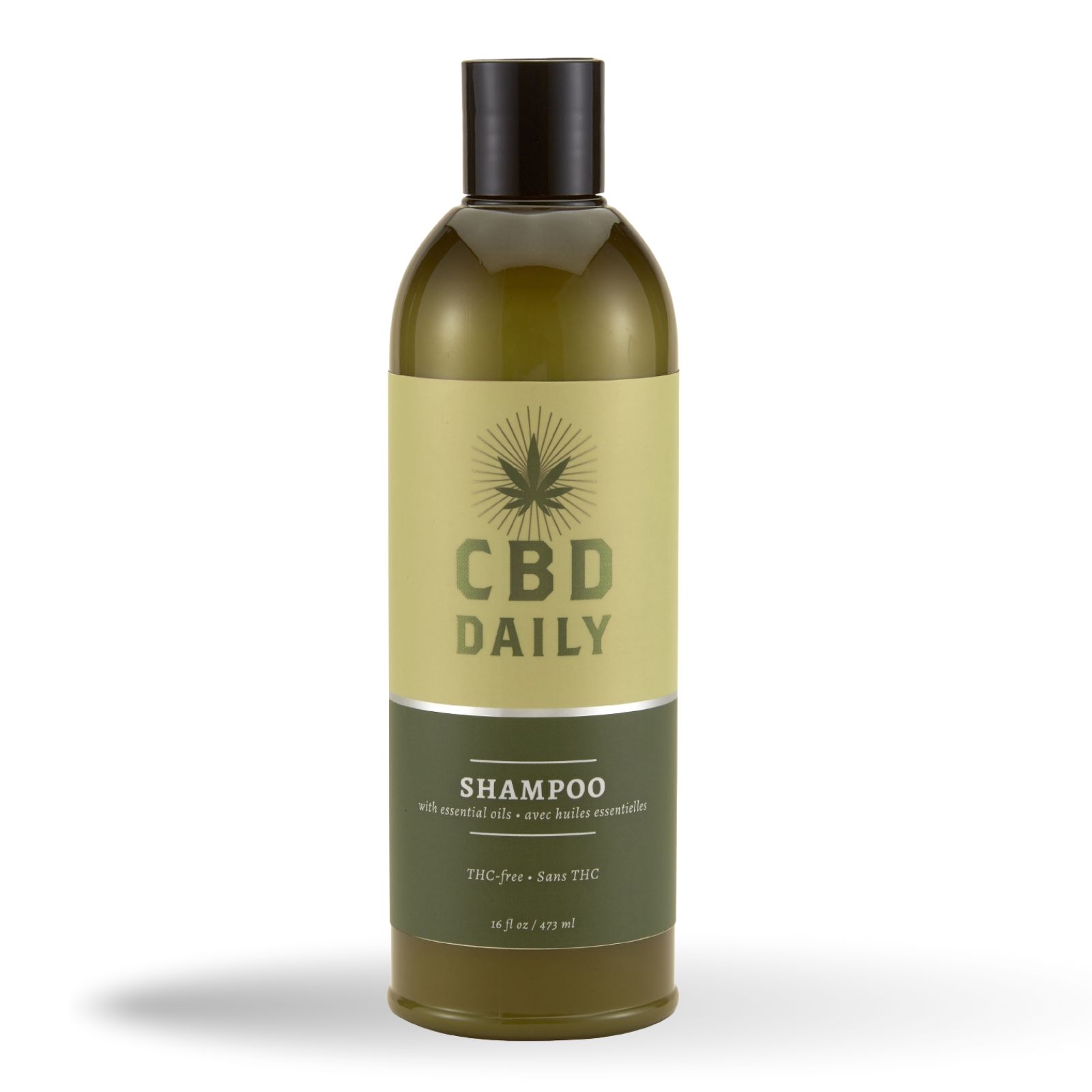Groene fles CBD-shampoo. Zwarte dop. Tekst: CBD DAILY, SHAMPOO, THC-vrij.