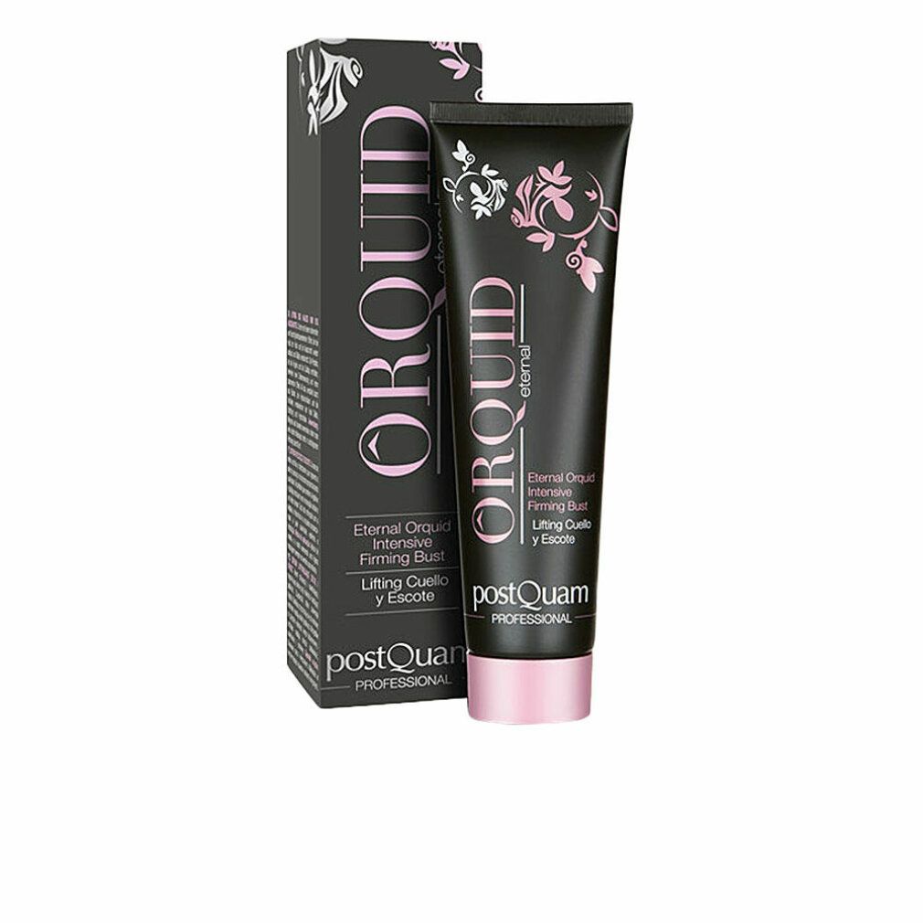 Tube et boîte noirs avec nom du produit et motifs floraux. Texte: Eternal Orquid, Intensive Firming Bust, Lifting Cuello y Escote.