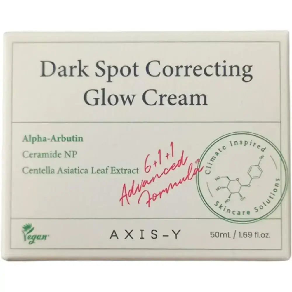 Emballage de 'Dark Spot Correcting Glow Cream' d'AXIS-Y. Contient les ingrédients et les sceaux.