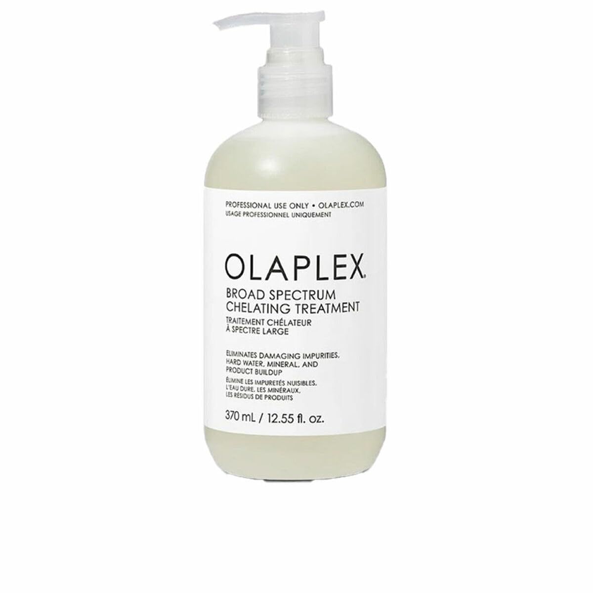 Olaplex Broad Spectrum Chelating Treatment. Flacon pompe. Texte: Élimine les impuretés. 370 ml.
