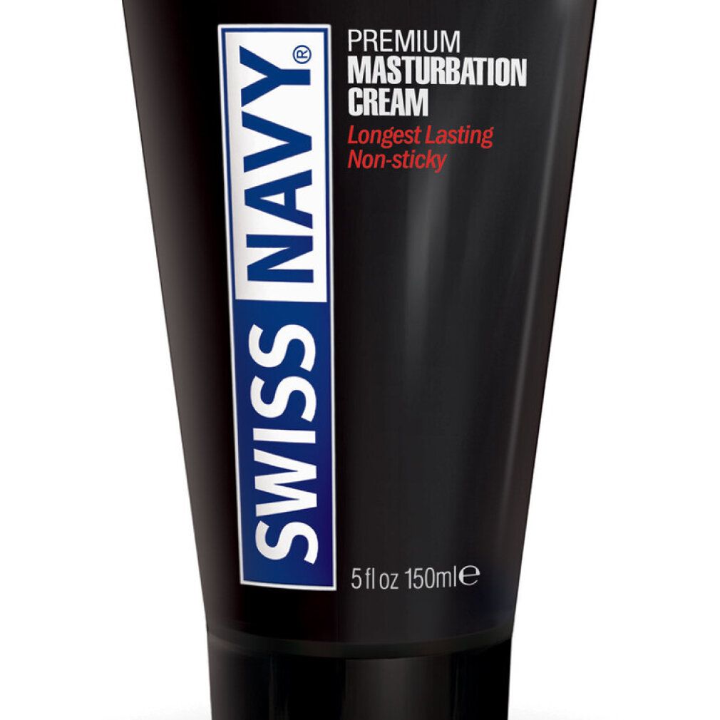 Close-up van een zwarte Swiss Navy Premium Masturbation Cream tube.