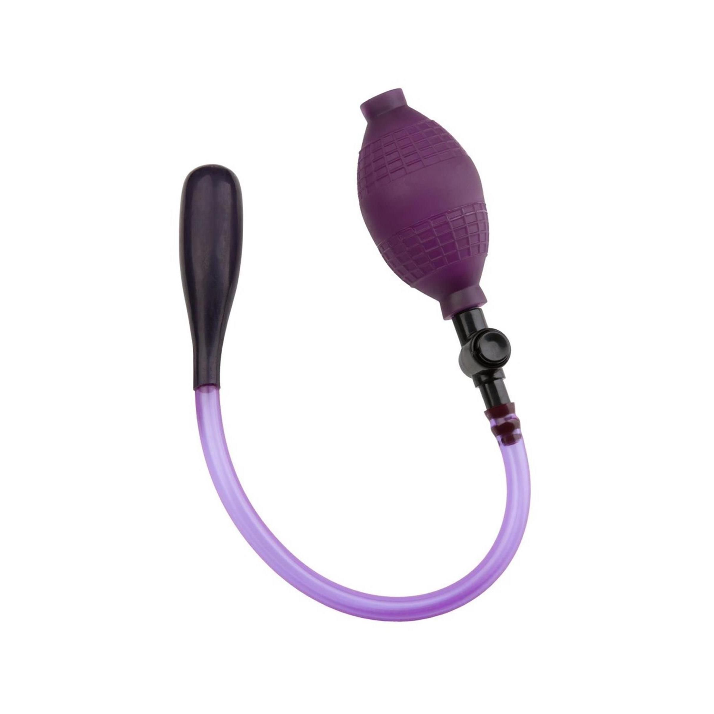 Plug anal avec pompe à main, violet et noir. Composé d'un plug, d'un tube et d'une pompe.