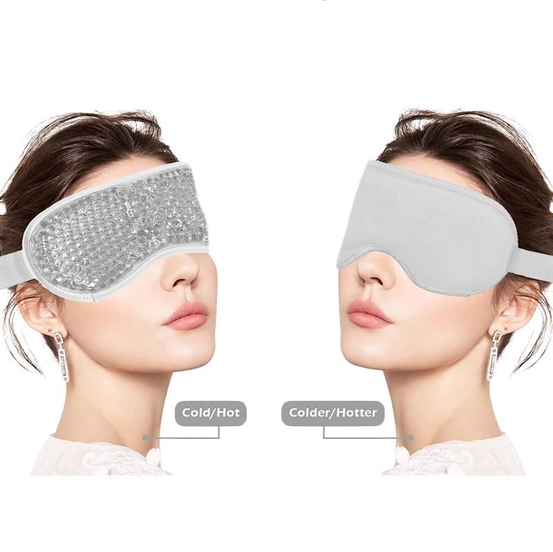 Twee weergaven van een grijs oogmasker: één met parels, één glad.